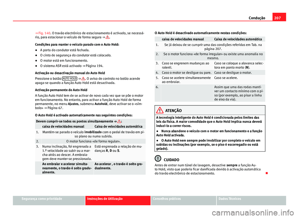 Seat Alhambra 2014 Manual do proprietário (in Portuguese) 207
Condução
⇒ Fig. 140. O travão electrónico de estacionamento é activado, se necessá-
rio, para estacionar o veículo de forma segura ⇒
.
Condições para manter o veículo parado co Seat Alhambra 2014 Manual do proprietário (in Portuguese) 207
Condução
⇒ Fig. 140. O travão electrónico de estacionamento é activado, se necessá-
rio, para estacionar o veículo de forma segura ⇒
.
Condições para manter o veículo parado co