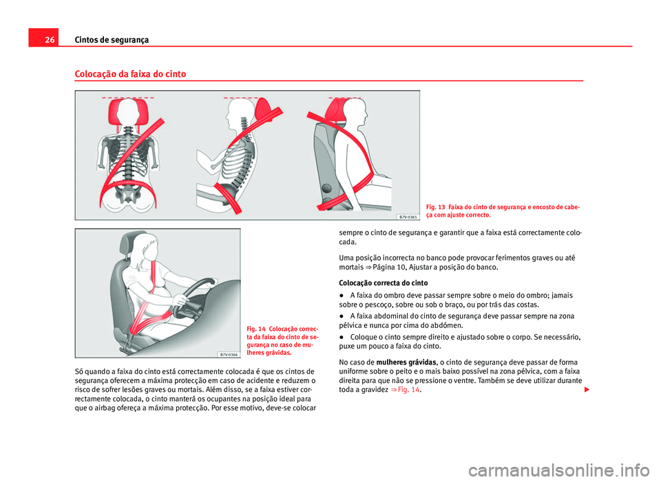 Seat Alhambra 2014 Manual do proprietário (in Portuguese) 26Cintos de segurança
Colocação da faixa do cinto
Fig. 13 Faixa do cinto de segurança e encosto de cabe-
ça com ajuste correcto.
Fig. 14 Colocação correc-
ta da faixa do cinto de se-
gurança n Seat Alhambra 2014 Manual do proprietário (in Portuguese) 26Cintos de segurança
Colocação da faixa do cinto
Fig. 13 Faixa do cinto de segurança e encosto de cabe-
ça com ajuste correcto.
Fig. 14 Colocação correc-
ta da faixa do cinto de se-
gurança n