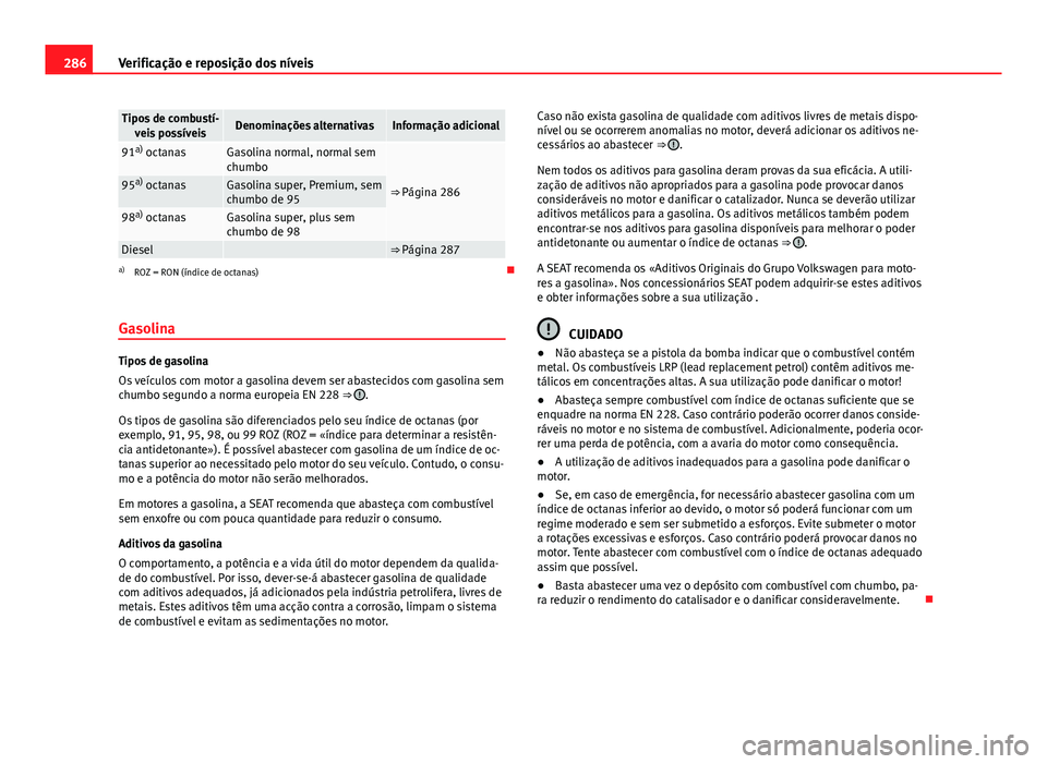 Seat Alhambra 2014 Manual do proprietário (in Portuguese) 286Verificação e reposição dos níveis
Tipos de combustí-
veis possíveisDenominações alternativasInformação adicional
91 a)
octanasGasolina normal, normal sem
chumbo
⇒ Página 28695 a)
Seat Alhambra 2014 Manual do proprietário (in Portuguese) 286Verificação e reposição dos níveis
Tipos de combustí-
veis possíveisDenominações alternativasInformação adicional
91 a)
octanasGasolina normal, normal sem
chumbo
⇒ Página 28695 a)