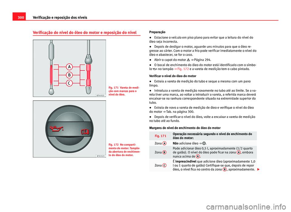 Seat Alhambra 2014  Manual do proprietário (in Portuguese)  300Verificação e reposição dos níveis
Verificação do nível do óleo do motor e reposição do nível
Fig. 171 Vareta de medi-
ção com marcas para o
nível do óleo.
Fig. 172 No comparti-
men