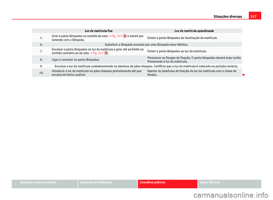 Seat Alhambra 2014 Manual do proprietário (in Portuguese) 357
Situações diversas
Luz de matrícula fixaLuz de matrícula aparafusada
5.Girar o porta-lâmpadas no sentido da seta ⇒ Fig. 217 B e extrair jun-
tamente com a lâmpada.Extrair o porta-lâmp Seat Alhambra 2014 Manual do proprietário (in Portuguese) 357
Situações diversas
Luz de matrícula fixaLuz de matrícula aparafusada
5.Girar o porta-lâmpadas no sentido da seta ⇒ Fig. 217 B e extrair jun-
tamente com a lâmpada.Extrair o porta-lâmp