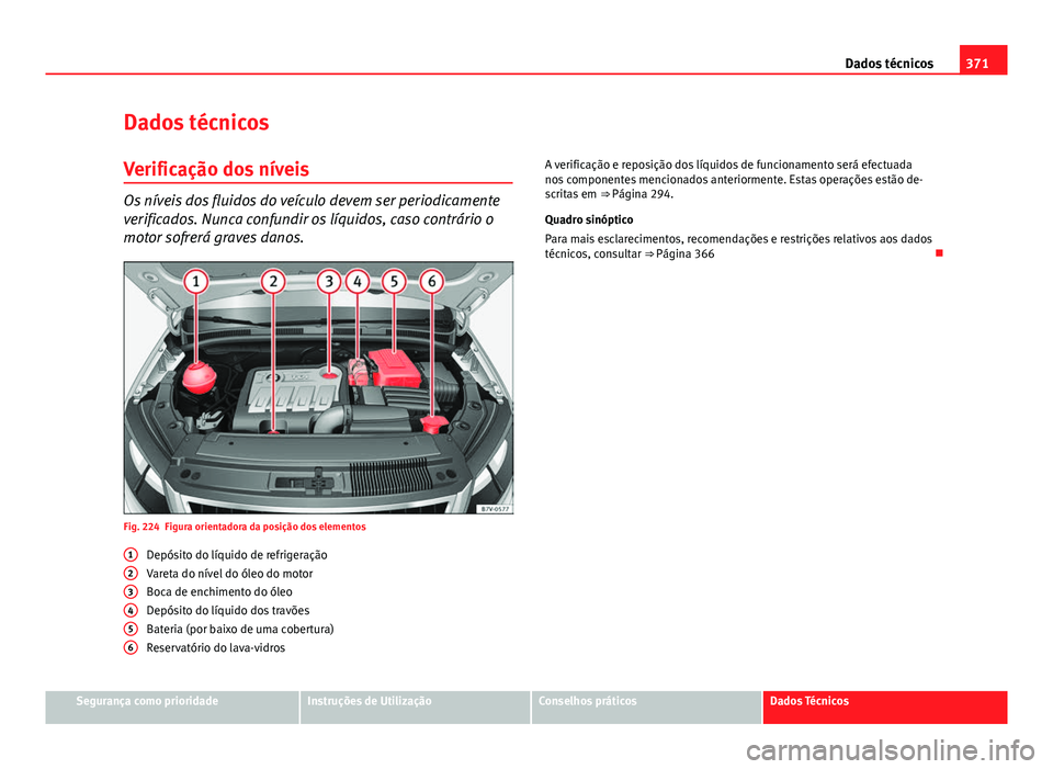 Seat Alhambra 2014  Manual do proprietário (in Portuguese)  371
Dados técnicos
Dados técnicos
Verificação dos níveis
Os níveis dos fluidos do veículo devem ser periodicamente
verificados. Nunca confundir os líquidos, caso contrário o
motor sofrerá gr