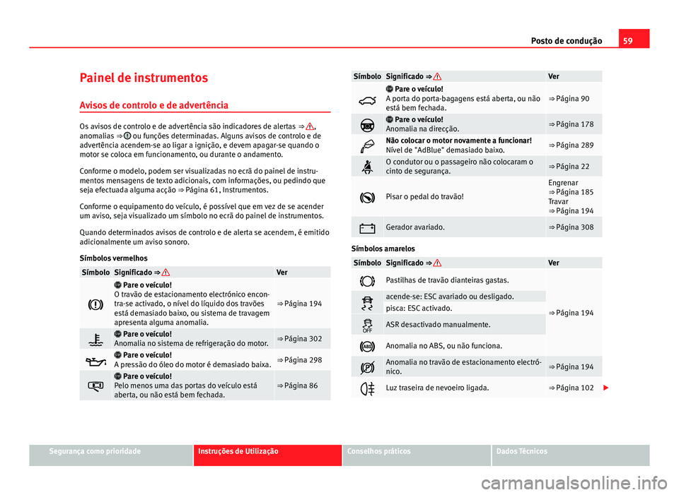 Seat Alhambra 2014  Manual do proprietário (in Portuguese)  59
Posto de condução
Painel de instrumentos Avisos de controlo e de advertência
Os avisos de controlo e de advertência são indicadores de alertas  ⇒ ,
anomalias  ⇒  ou funções determina