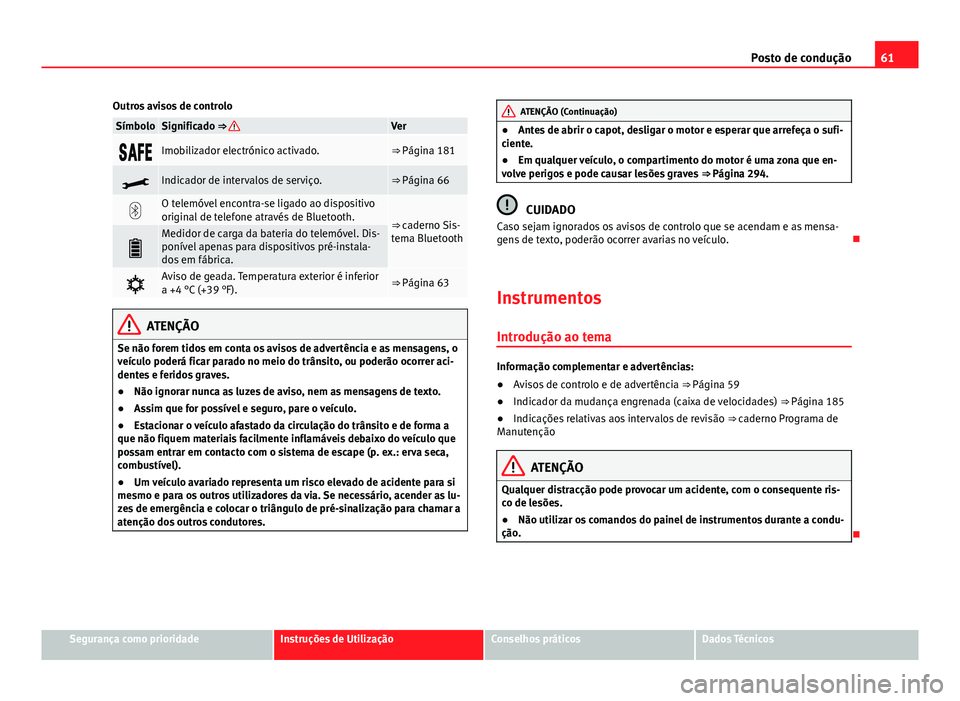 Seat Alhambra 2014  Manual do proprietário (in Portuguese)  61
Posto de condução
Outros avisos de controlo
SímboloSignificado ⇒ Ver
Imobilizador electrónico activado.⇒ Página 181
Indicador de intervalos de serviço.⇒ Página 66

