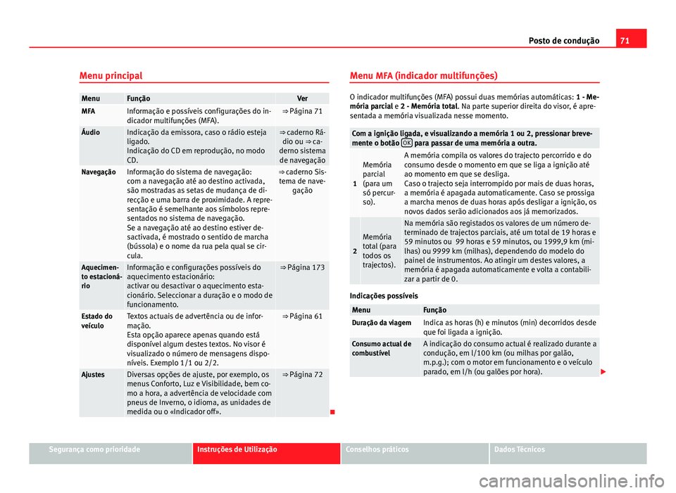 Seat Alhambra 2014  Manual do proprietário (in Portuguese)  71
Posto de condução
Menu principal
MenuFunçãoVerMFAInformação e possíveis configurações do in-
dicador multifunções (MFA).⇒  Página 71
ÁudioIndicação da emissora, caso o rádio est