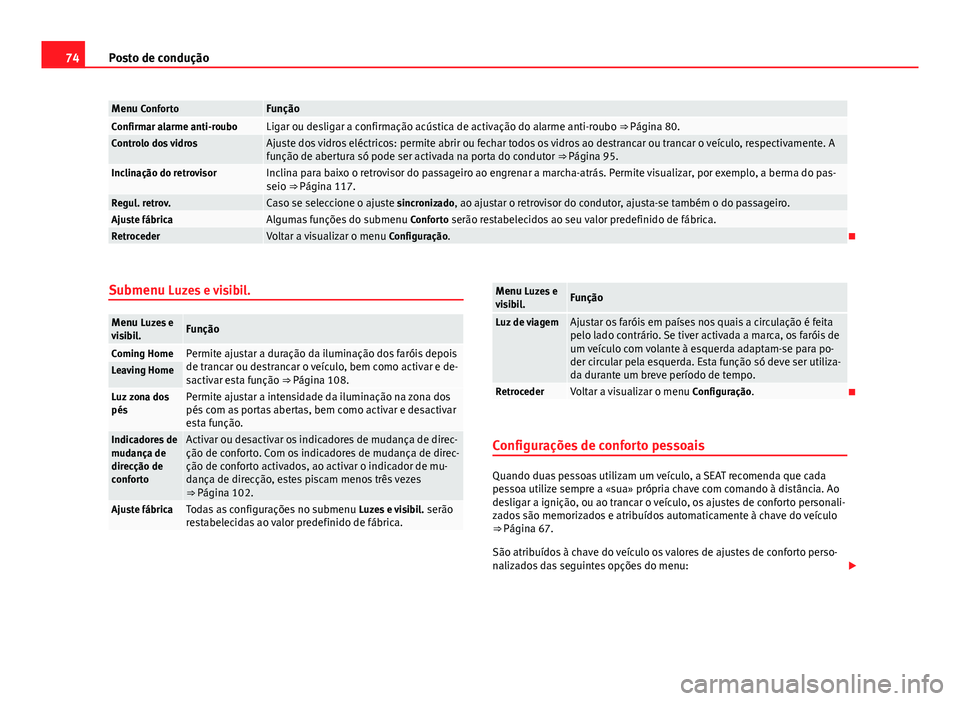 Seat Alhambra 2014  Manual do proprietário (in Portuguese)  74Posto de condução
Menu ConfortoFunçãoConfirmar alarme anti-rouboLigar ou desligar a confirmação acústica de activação do alarme anti-roubo ⇒ Página 80.Controlo dos vidrosAjuste dos vid