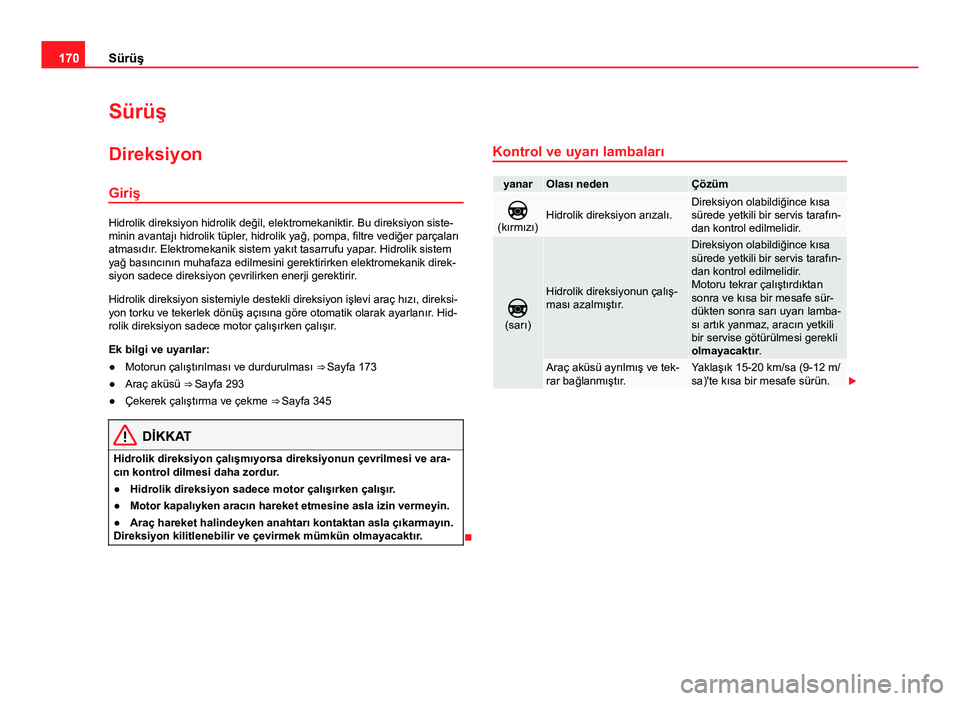Seat Alhambra 2014 Kullanım Kılavuzu (in Turkish) 170Sürüş
Sürüş
Direksiyon
Giriş
Hidrolik direksiyon hidrolik değil, elektromekaniktir. Bu direksiyon siste-
minin avantajı hidrolik tüpler, hidrolik yağ, pompa, filtre vediğer parçaları
Seat Alhambra 2014 Kullanım Kılavuzu (in Turkish) 170Sürüş
Sürüş
Direksiyon
Giriş
Hidrolik direksiyon hidrolik değil, elektromekaniktir. Bu direksiyon siste-
minin avantajı hidrolik tüpler, hidrolik yağ, pompa, filtre vediğer parçaları