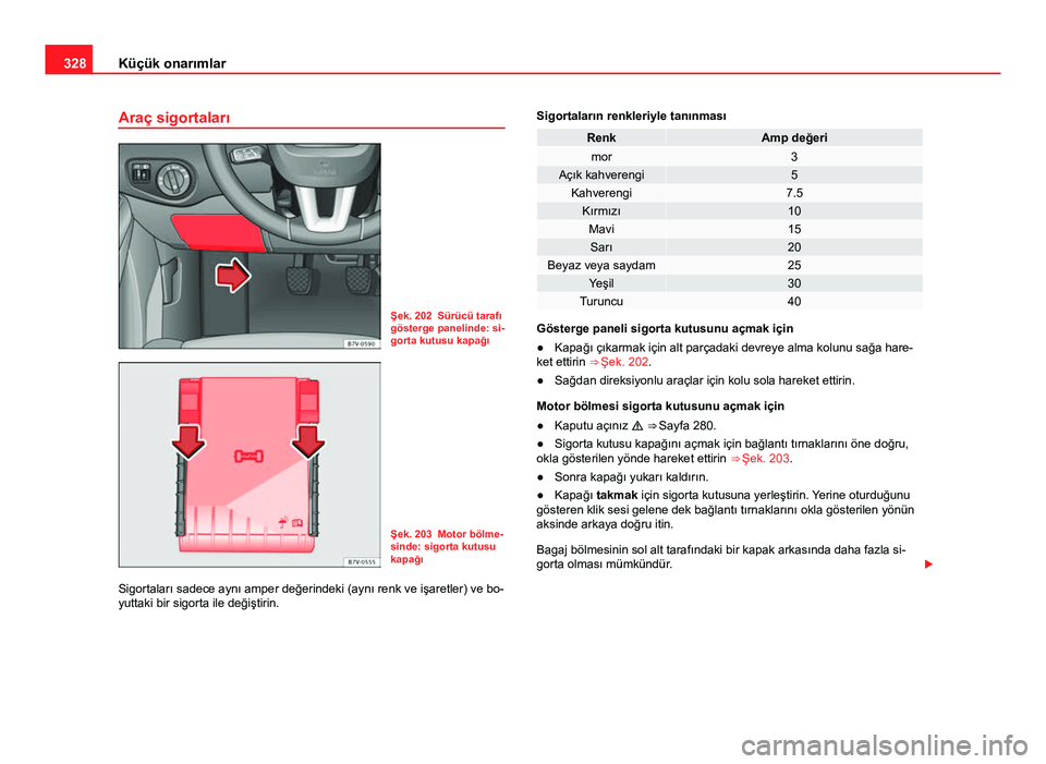 Seat Alhambra 2014 Kullanım Kılavuzu (in Turkish) 328Küçük onarımlar
Araç sigortaları
Şek. 202 Sürücü tarafı
gösterge panelinde: si-
gorta kutusu kapağı
Şek. 203 Motor bölme-
sinde: sigorta kutusu
kapağı
Sigortaları sadece aynı am Seat Alhambra 2014 Kullanım Kılavuzu (in Turkish) 328Küçük onarımlar
Araç sigortaları
Şek. 202 Sürücü tarafı
gösterge panelinde: si-
gorta kutusu kapağı
Şek. 203 Motor bölme-
sinde: sigorta kutusu
kapağı
Sigortaları sadece aynı am