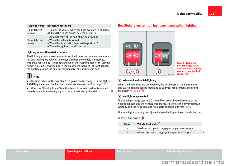 Seat Alhambra 2013 Service Manual 101
Lights and visibility
“Leaving home”Necessary operationsTo switch sys-
tem on:– Unlock the vehicle when the light switch is in position
and the photo sensor detects darkness.
T Seat Alhambra 2013 Service Manual 101
Lights and visibility
“Leaving home”Necessary operationsTo switch sys-
tem on:– Unlock the vehicle when the light switch is in position
and the photo sensor detects darkness.
T