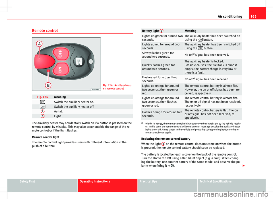 Seat Alhambra 2013 Manual Online 165
Air conditioning
Remote control
Fig. 126 Auxiliary heat-
er: remote control
Fig. 126MeaningONSwitch the auxiliary heater on.OFFSwitch the auxiliary heater off:AAerial.BLight.
The auxiliary heater Seat Alhambra 2013 Manual Online 165
Air conditioning
Remote control
Fig. 126 Auxiliary heat-
er: remote control
Fig. 126MeaningONSwitch the auxiliary heater on.OFFSwitch the auxiliary heater off:AAerial.BLight.
The auxiliary heater