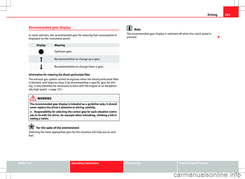 Seat Alhambra 2013 Owners Manual 183
Driving
Recommended gear display
In some vehicles, the recommended gear for reducing fuel consumption is
displayed on the instrument panel:
DisplayMeaning
Optimum gear.
Recommendation to cha Seat Alhambra 2013 Owners Manual 183
Driving
Recommended gear display
In some vehicles, the recommended gear for reducing fuel consumption is
displayed on the instrument panel:
DisplayMeaning
Optimum gear.
Recommendation to cha