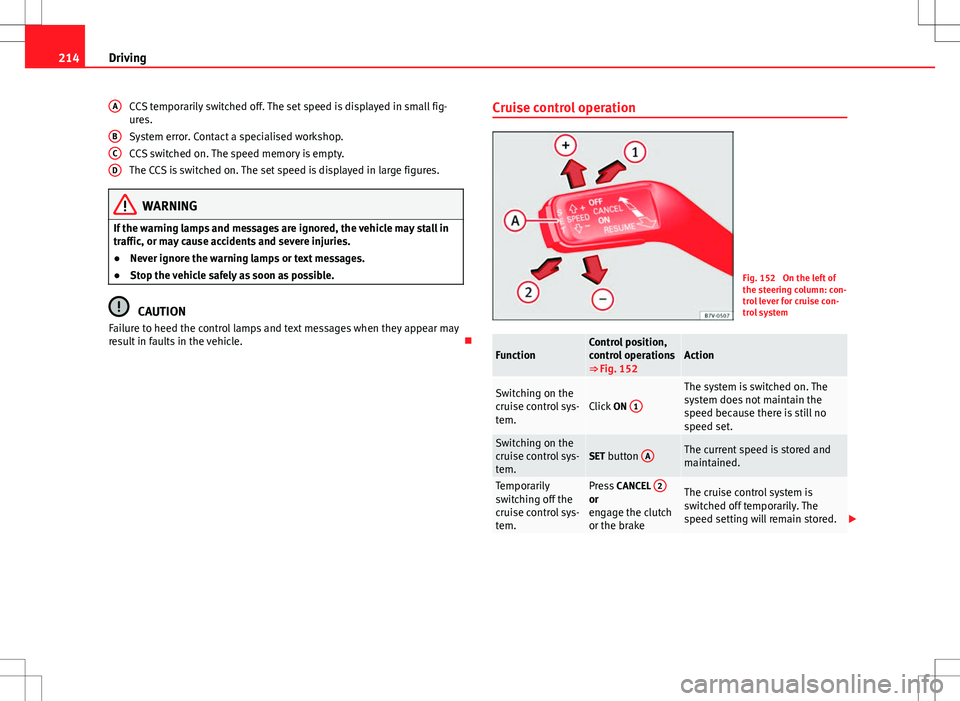 Seat Alhambra 2013  Owners Manual 214Driving
CCS temporarily switched off. The set speed is displayed in small fig-
ures.
System error. Contact a specialised workshop.
CCS switched on. The speed memory is empty.
The CCS is switched on