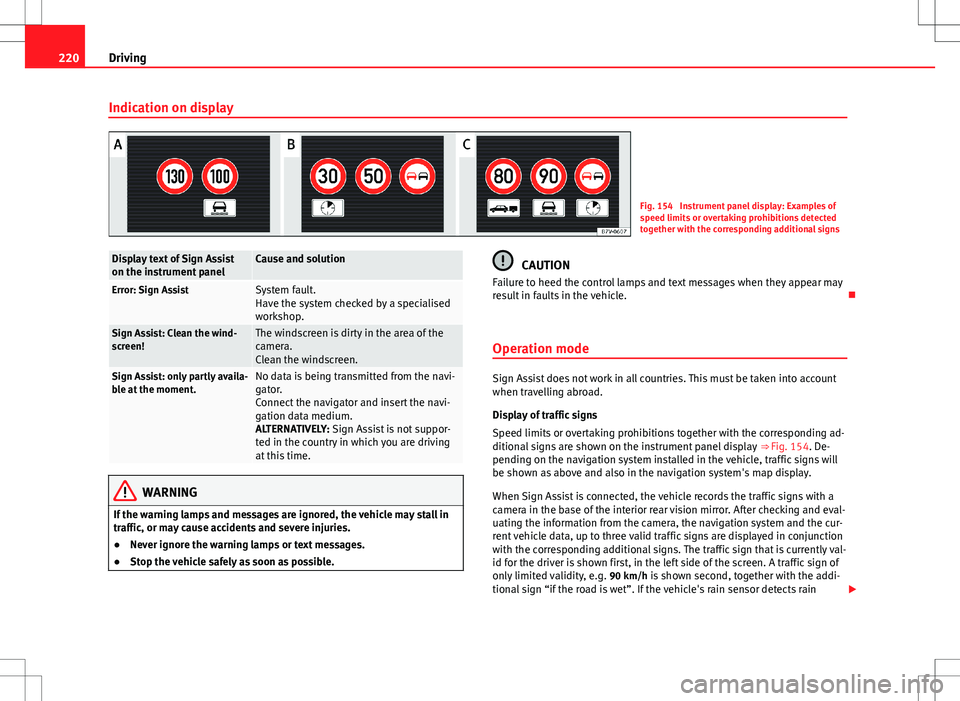 Seat Alhambra 2013 Owners Guide 220Driving
Indication on display
Fig. 154 Instrument panel display: Examples of
speed limits or overtaking prohibitions detected
together with the corresponding additional signs
Display text of Sign Seat Alhambra 2013 Owners Guide 220Driving
Indication on display
Fig. 154 Instrument panel display: Examples of
speed limits or overtaking prohibitions detected
together with the corresponding additional signs
Display text of Sign