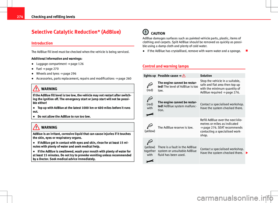 Seat Alhambra 2013  Owners Manual 274Checking and refilling levels
Selective Catalytic Reduction* (AdBlue)
Introduction
The AdBlue fill level must be checked when the vehicle is being serviced.
Additional information and warnings:
●