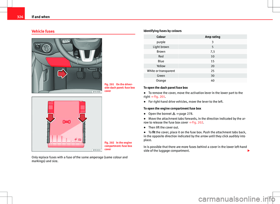 Seat Alhambra 2013  Owners Manual 326If and when
Vehicle fuses
Fig. 201  On the driver-
side dash panel: fuse box
cover
Fig. 202  In the engine
compartment: fuse box
cover
Only replace fuses with a fuse of the same amperage (same colo