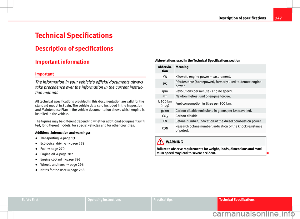 Seat Alhambra 2013 Owners Manual 347
Description of specifications
Technical Specifications
Description of specifications Important information
Important
The information in your vehicle's official documents always
take precedence Seat Alhambra 2013 Owners Manual 347
Description of specifications
Technical Specifications
Description of specifications Important information
Important
The information in your vehicle's official documents always
take precedence