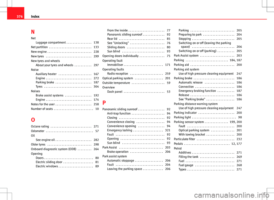 Seat Alhambra 2013  Owners Manual N
Net Luggage compartment . . . . . . . . . . . . . . . . 138
Net partition  . . . . . . . . . . . . . . . . . . . . . . . . . . . 133
New engine  . . . . . . . . . . . . . . . . . . . . . . . . . . .