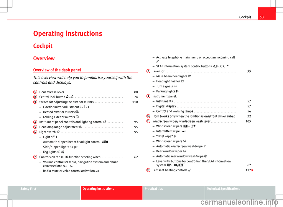 Seat Alhambra 2013  Owners Manual 53
Cockpit
Operating instructions Cockpit
Overview Overview of the dash panel
This overview will help you to familiarise yourself with the
controls and displays. Door release lever  . . . . . . . . . 