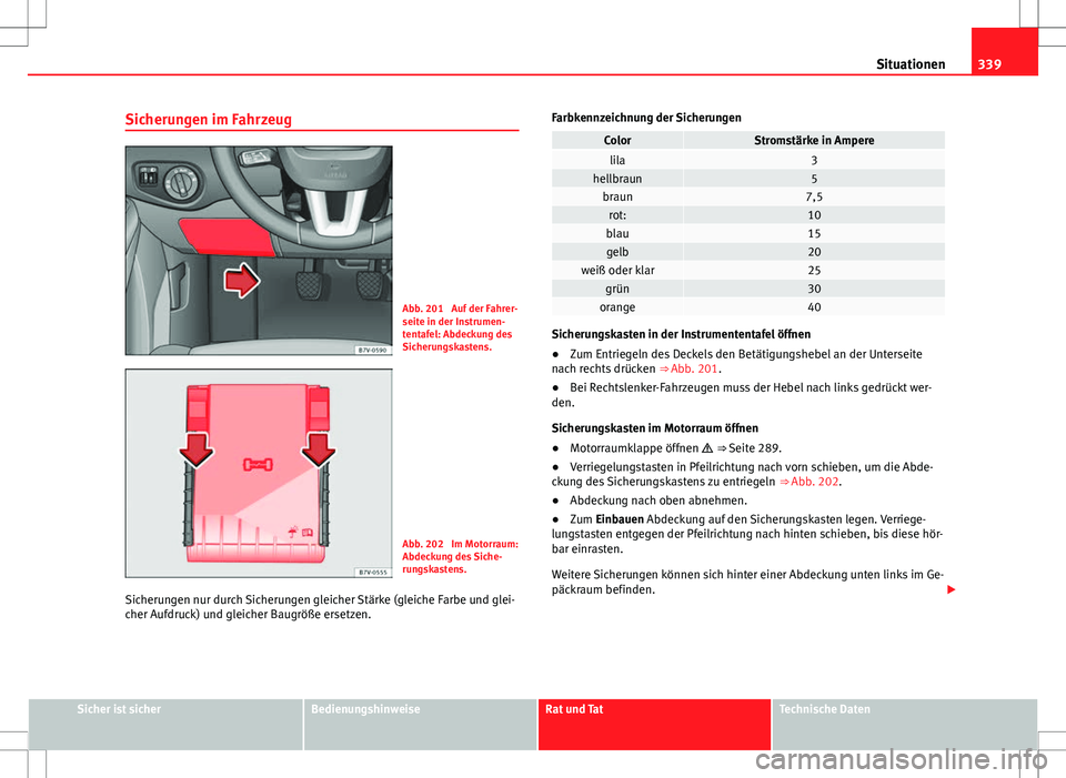 Seat Alhambra 2013  Betriebsanleitung (in German) 339
Situationen
Sicherungen im Fahrzeug
Abb. 201  Auf der Fahrer-
seite in der Instrumen-
tentafel: Abdeckung des
Sicherungskastens.
Abb. 202  Im Motorraum:
Abdeckung des Siche-
rungskastens.
Sicherun