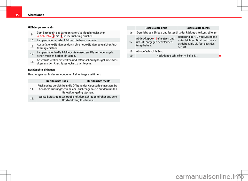 Seat Alhambra 2013 Betriebsanleitung (in German) 350Situationen
Glühlampe wechseln
9.Zum Entriegeln des Lampenhalters Verriegelungslaschen
⇒ Abb. 214 1 bis 4 in Pfeilrichtung drücken.10.Lampenhalter aus der Rückleuchte herausnehmen.
11.Ausge Seat Alhambra 2013 Betriebsanleitung (in German) 350Situationen
Glühlampe wechseln
9.Zum Entriegeln des Lampenhalters Verriegelungslaschen
⇒ Abb. 214 1 bis 4 in Pfeilrichtung drücken.10.Lampenhalter aus der Rückleuchte herausnehmen.
11.Ausge