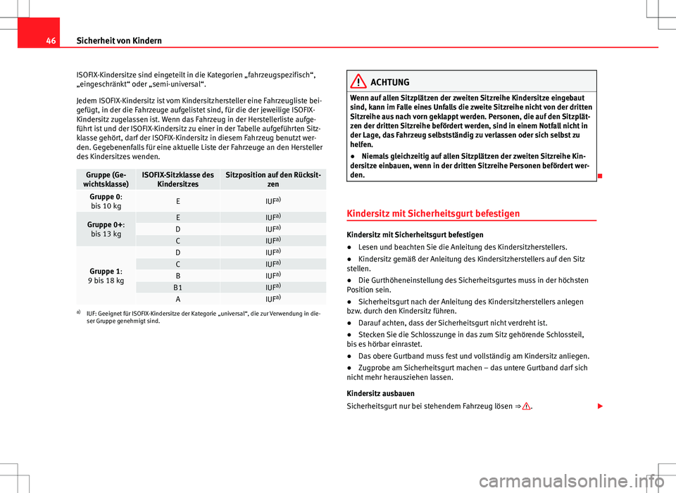 Seat Alhambra 2013 Betriebsanleitung (in German) 46Sicherheit von Kindern
ISOFIX-Kindersitze sind eingeteilt in die Kategorien „fahrzeugspezifisch“,
„eingeschränkt“ oder „semi-universal“.
Jedem ISOFIX-Kindersitz ist vom Kindersitzherste Seat Alhambra 2013 Betriebsanleitung (in German) 46Sicherheit von Kindern
ISOFIX-Kindersitze sind eingeteilt in die Kategorien „fahrzeugspezifisch“,
„eingeschränkt“ oder „semi-universal“.
Jedem ISOFIX-Kindersitz ist vom Kindersitzherste