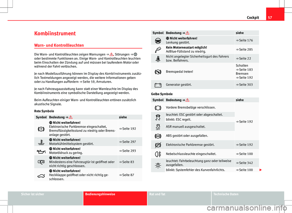 Seat Alhambra 2013 Betriebsanleitung (in German) 57
Cockpit
Kombiinstrument Warn- und Kontrollleuchten
Die Warn- und Kontrollleuchten zeigen Warnungen ⇒ , Störungen ⇒ oder bestimmte Funktionen an. Einige Warn- und Kontrollleuchten leuchten Seat Alhambra 2013 Betriebsanleitung (in German) 57
Cockpit
Kombiinstrument Warn- und Kontrollleuchten
Die Warn- und Kontrollleuchten zeigen Warnungen ⇒ , Störungen ⇒ oder bestimmte Funktionen an. Einige Warn- und Kontrollleuchten leuchten