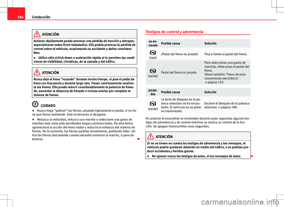 Seat Alhambra 2013 Manual del propietario (in Spanish) 184Conducción
ATENCIÓN
Acelerar rápidamente puede provocar una pérdida de tracción y derrapar,
especialmente sobre firme resbaladizo. Ello podría provocar la pérdida de
control sobre el vehícu Seat Alhambra 2013 Manual del propietario (in Spanish) 184Conducción
ATENCIÓN
Acelerar rápidamente puede provocar una pérdida de tracción y derrapar,
especialmente sobre firme resbaladizo. Ello podría provocar la pérdida de
control sobre el vehícu