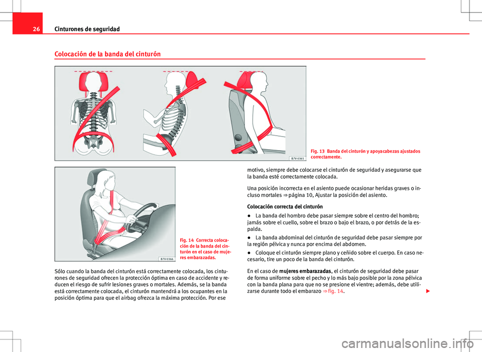 Seat Alhambra 2013 Manual del propietario (in Spanish) 26Cinturones de seguridad
Colocación de la banda del cinturón
Fig. 13 Banda del cinturón y apoyacabezas ajustados
correctamente.
Fig. 14 Correcta coloca-
ción de la banda del cin-
turón en el cas Seat Alhambra 2013 Manual del propietario (in Spanish) 26Cinturones de seguridad
Colocación de la banda del cinturón
Fig. 13 Banda del cinturón y apoyacabezas ajustados
correctamente.
Fig. 14 Correcta coloca-
ción de la banda del cin-
turón en el cas