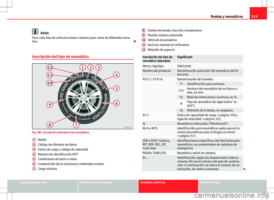 Seat Alhambra 2013 Manual del propietario (in Spanish) 319
Ruedas y neumáticos
Aviso
Para cada tipo de vehículo existen cadenas para nieve de diferentes tama-
ños.
Inscripción del tipo de neumático
Fig. 180 Inscripción universal en los neumátic Seat Alhambra 2013 Manual del propietario (in Spanish) 319
Ruedas y neumáticos
Aviso
Para cada tipo de vehículo existen cadenas para nieve de diferentes tama-
ños.
Inscripción del tipo de neumático
Fig. 180 Inscripción universal en los neumátic