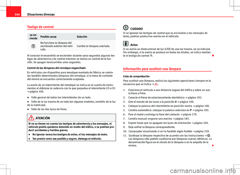 Seat Alhambra 2013 Manual del propietario (in Spanish) 344Situaciones diversas
Testigo de control
se en-
ciendePosible causaSolución
No funciona la lámpara del
alumbrado exterior del vehí-
culo.Cambie la lámpara averiada.
Al conectar el encendido Seat Alhambra 2013 Manual del propietario (in Spanish) 344Situaciones diversas
Testigo de control
se en-
ciendePosible causaSolución
No funciona la lámpara del
alumbrado exterior del vehí-
culo.Cambie la lámpara averiada.
Al conectar el encendido