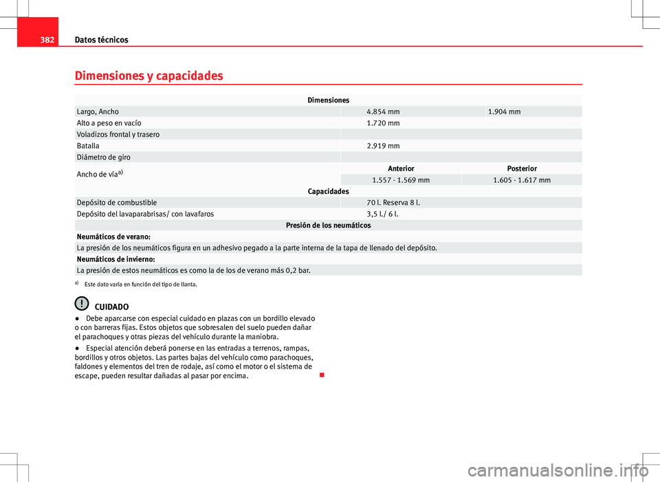 Seat Alhambra 2013 Manual del propietario (in Spanish) 382Datos técnicos
Dimensiones y capacidades
DimensionesLargo, Ancho 4.854 mm1.904 mmAlto a peso en vacío 1.720 mmVoladizos frontal y trasero Batalla 2.919 mmDiámetro de giro
Ancho de vía a)Ante Seat Alhambra 2013 Manual del propietario (in Spanish) 382Datos técnicos
Dimensiones y capacidades
DimensionesLargo, Ancho 4.854 mm1.904 mmAlto a peso en vacío 1.720 mmVoladizos frontal y trasero Batalla 2.919 mmDiámetro de giro
Ancho de vía a)Ante