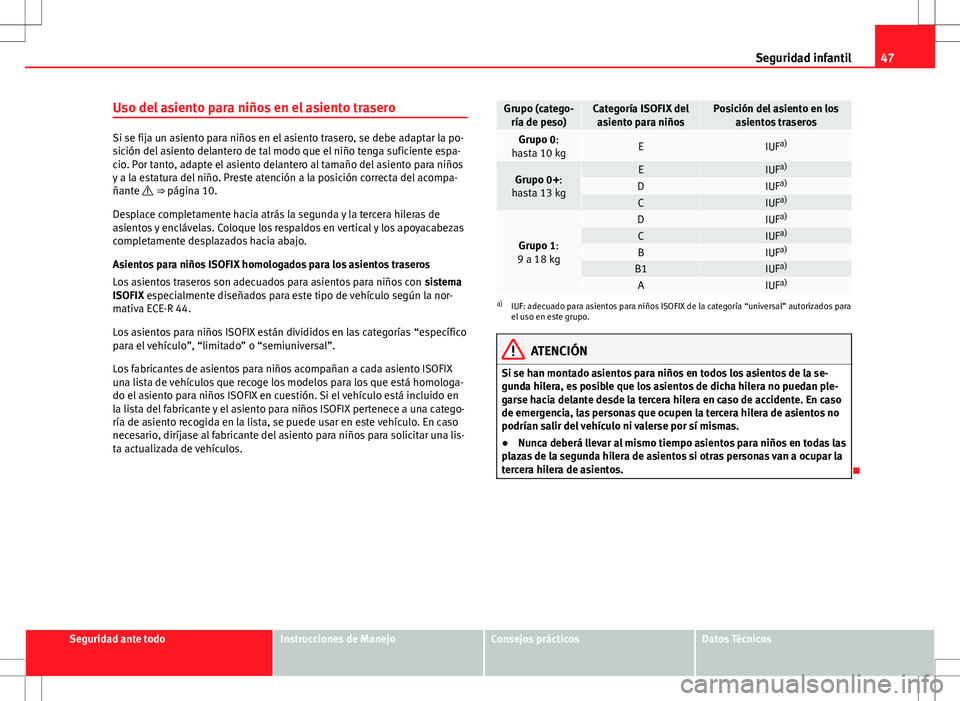 Seat Alhambra 2013 Manual del propietario (in Spanish) 47
Seguridad infantil
Uso del asiento para niños en el asiento trasero
Si se fija un asiento para niños en el asiento trasero, se debe adaptar la po-
sición del asiento delantero de tal modo que el Seat Alhambra 2013 Manual del propietario (in Spanish) 47
Seguridad infantil
Uso del asiento para niños en el asiento trasero
Si se fija un asiento para niños en el asiento trasero, se debe adaptar la po-
sición del asiento delantero de tal modo que el