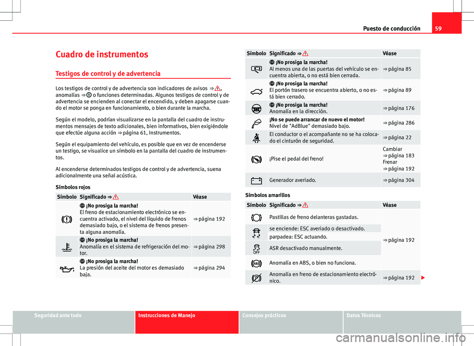 Seat Alhambra 2013 Manual del propietario (in Spanish) 59
Puesto de conducción
Cuadro de instrumentos Testigos de control y de advertencia
Los testigos de control y de advertencia son indicadores de avisos ⇒ ,
anomalías ⇒ o funciones determin Seat Alhambra 2013 Manual del propietario (in Spanish) 59
Puesto de conducción
Cuadro de instrumentos Testigos de control y de advertencia
Los testigos de control y de advertencia son indicadores de avisos ⇒ ,
anomalías ⇒ o funciones determin
