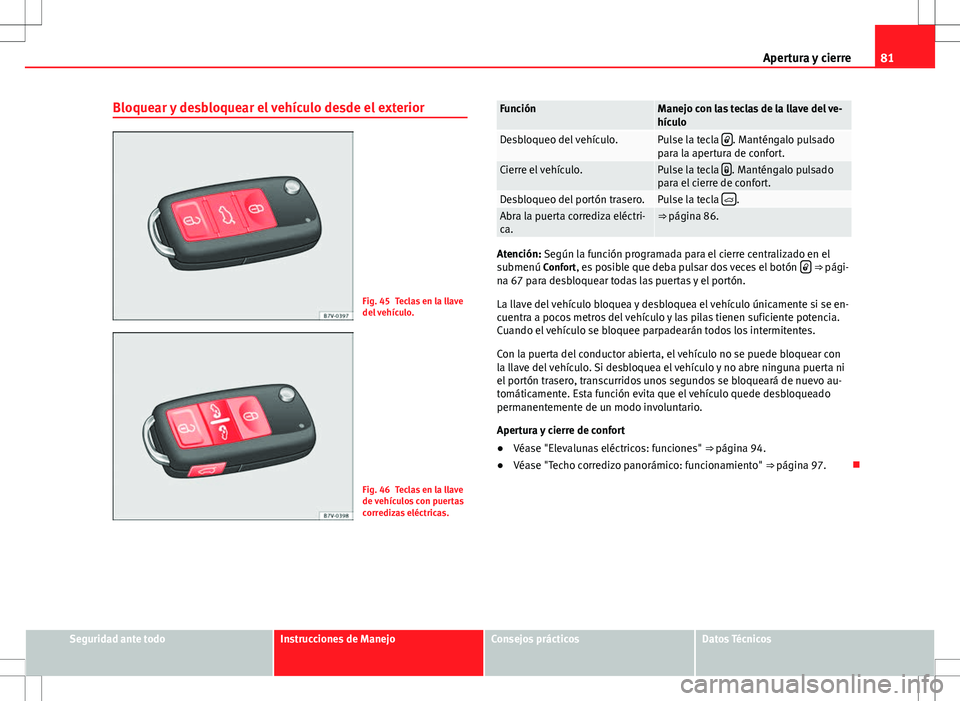 Seat Alhambra 2013 Manual del propietario (in Spanish) 81
Apertura y cierre
Bloquear y desbloquear el vehículo desde el exterior
Fig. 45 Teclas en la llave
del vehículo.
Fig. 46 Teclas en la llave
de vehículos con puertas
corredizas eléctricas.
Funci Seat Alhambra 2013 Manual del propietario (in Spanish) 81
Apertura y cierre
Bloquear y desbloquear el vehículo desde el exterior
Fig. 45 Teclas en la llave
del vehículo.
Fig. 46 Teclas en la llave
de vehículos con puertas
corredizas eléctricas.
Funci