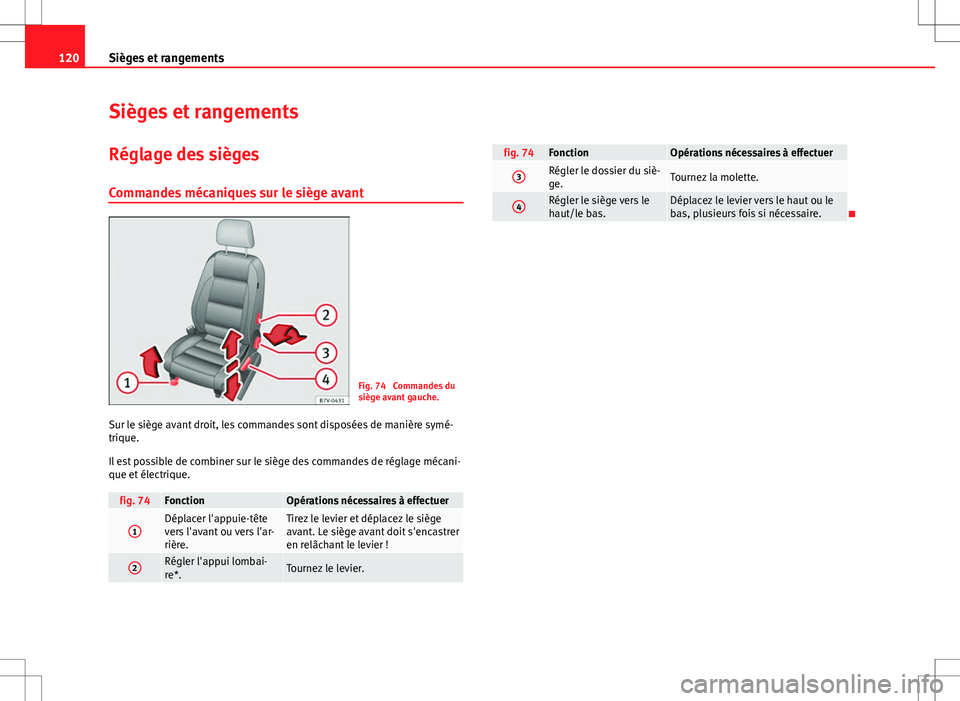 Seat Alhambra 2013  Manuel du propriétaire (in French)  120Sièges et rangements
Sièges et rangements
Réglage des sièges
Commandes mécaniques sur le siège avant
Fig. 74  Commandes du
siège avant gauche.
Sur le siège avant droit, les commandes sont d