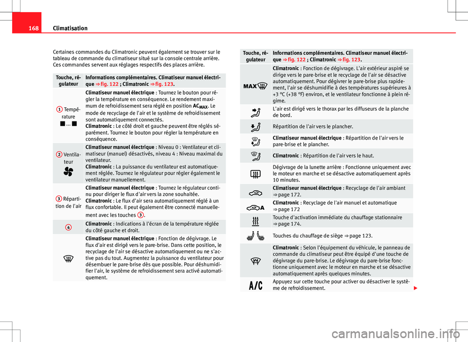 Seat Alhambra 2013  Manuel du propriétaire (in French)  168Climatisation
Certaines commandes du Climatronic peuvent également se trouver sur le
tableau de commande du climatiseur situé sur la console centrale arrière.
Ces commandes servent aux réglages