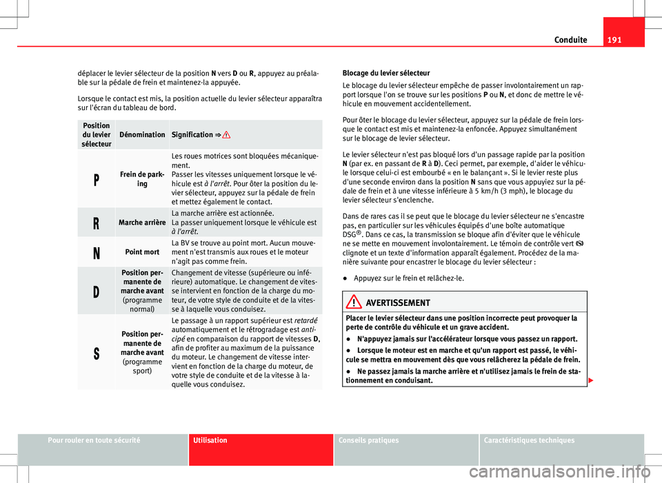 Seat Alhambra 2013 Manuel du propriétaire (in French) 191
Conduite
déplacer le levier sélecteur de la position N vers D ou R, appuyez au préala-
ble sur la pédale de frein et maintenez-la appuyée.
Lorsque le contact est mis, la position actuelle du Seat Alhambra 2013 Manuel du propriétaire (in French) 191
Conduite
déplacer le levier sélecteur de la position N vers D ou R, appuyez au préala-
ble sur la pédale de frein et maintenez-la appuyée.
Lorsque le contact est mis, la position actuelle du