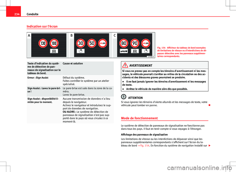 Seat Alhambra 2013 Manuel du propriétaire (in French) 234Conduite
Indication sur l'écran
Fig. 154 Afficheur du tableau de bord exemples
de limitations de vitesse ou d'interdictions de dé-
passer détectées avec les panneaux supplémen-
taires Seat Alhambra 2013 Manuel du propriétaire (in French) 234Conduite
Indication sur l'écran
Fig. 154 Afficheur du tableau de bord exemples
de limitations de vitesse ou d'interdictions de dé-
passer détectées avec les panneaux supplémen-
taires