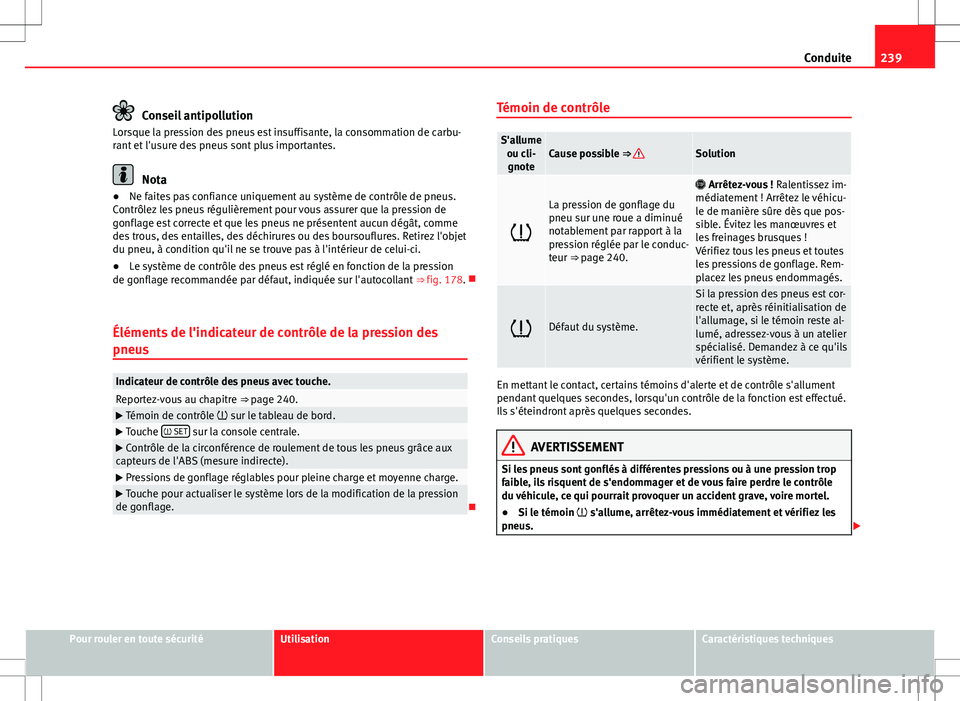 Seat Alhambra 2013 Manuel du propriétaire (in French) 239
Conduite
Conseil antipollution
Lorsque la pression des pneus est insuffisante, la consommation de carbu-
rant et l'usure des pneus sont plus importantes.
Nota
● Ne faites pas confiance uniqu Seat Alhambra 2013 Manuel du propriétaire (in French) 239
Conduite
Conseil antipollution
Lorsque la pression des pneus est insuffisante, la consommation de carbu-
rant et l'usure des pneus sont plus importantes.
Nota
● Ne faites pas confiance uniqu