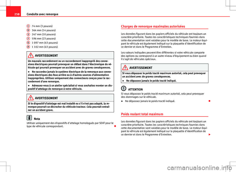 Seat Alhambra 2013 Manuel du propriétaire (in French) 258Conduite avec remorque
74 mm (3 pouces)
364 mm (14 pouces)
247 mm (10 pouces)
596 mm (23 pouces)
1 097 mm (43 pouces)
1 102 mm (43 pouces)
AVERTISSEMENT
Un mauvais raccordement ou un raccordement i Seat Alhambra 2013 Manuel du propriétaire (in French) 258Conduite avec remorque
74 mm (3 pouces)
364 mm (14 pouces)
247 mm (10 pouces)
596 mm (23 pouces)
1 097 mm (43 pouces)
1 102 mm (43 pouces)
AVERTISSEMENT
Un mauvais raccordement ou un raccordement i