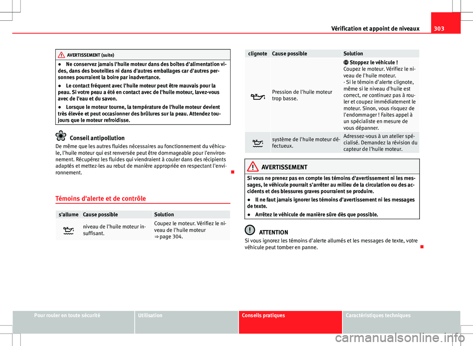 Seat Alhambra 2013 Manuel du propriétaire (in French) 303
Vérification et appoint de niveaux
AVERTISSEMENT (suite)
● Ne conservez jamais l'huile moteur dans des boîtes d'alimentation vi-
des, dans des bouteilles ni dans d'autres emballage Seat Alhambra 2013 Manuel du propriétaire (in French) 303
Vérification et appoint de niveaux
AVERTISSEMENT (suite)
● Ne conservez jamais l'huile moteur dans des boîtes d'alimentation vi-
des, dans des bouteilles ni dans d'autres emballage