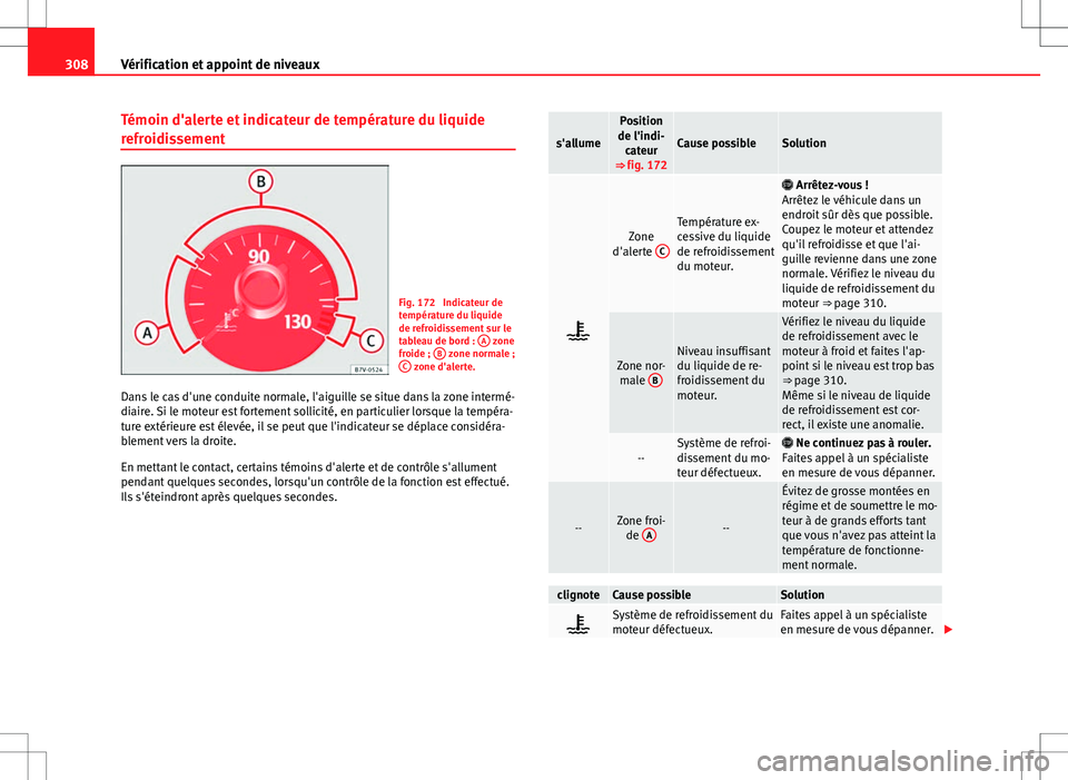 Seat Alhambra 2013 Manuel du propriétaire (in French) 308Vérification et appoint de niveaux
Témoin d'alerte et indicateur de température du liquide
refroidissement
Fig. 172 Indicateur de
température du liquide
de refroidissement sur le
tableau d Seat Alhambra 2013 Manuel du propriétaire (in French) 308Vérification et appoint de niveaux
Témoin d'alerte et indicateur de température du liquide
refroidissement
Fig. 172 Indicateur de
température du liquide
de refroidissement sur le
tableau d