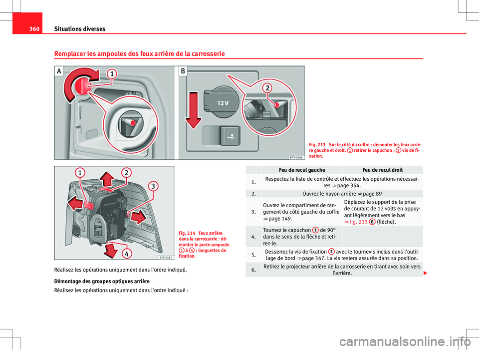 Seat Alhambra 2013  Manuel du propriétaire (in French)  360Situations diverses
Remplacer les ampoules des feux arrière de la carrosserie
Fig. 213  Sur le côté du coffre : démonter les feux arriè-
re gauche et droit.  1 retirer le capuchon ;  2 vis de 