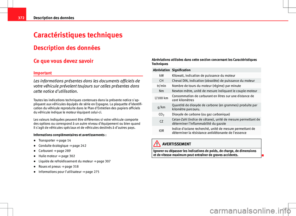 Seat Alhambra 2013 Manuel du propriétaire (in French) 372Description des données
Caractéristiques techniques
Description des données
Ce que vous devez savoir Important
Les informations présentes dans les documents officiels de
votre véhicule préval Seat Alhambra 2013 Manuel du propriétaire (in French) 372Description des données
Caractéristiques techniques
Description des données
Ce que vous devez savoir Important
Les informations présentes dans les documents officiels de
votre véhicule préval