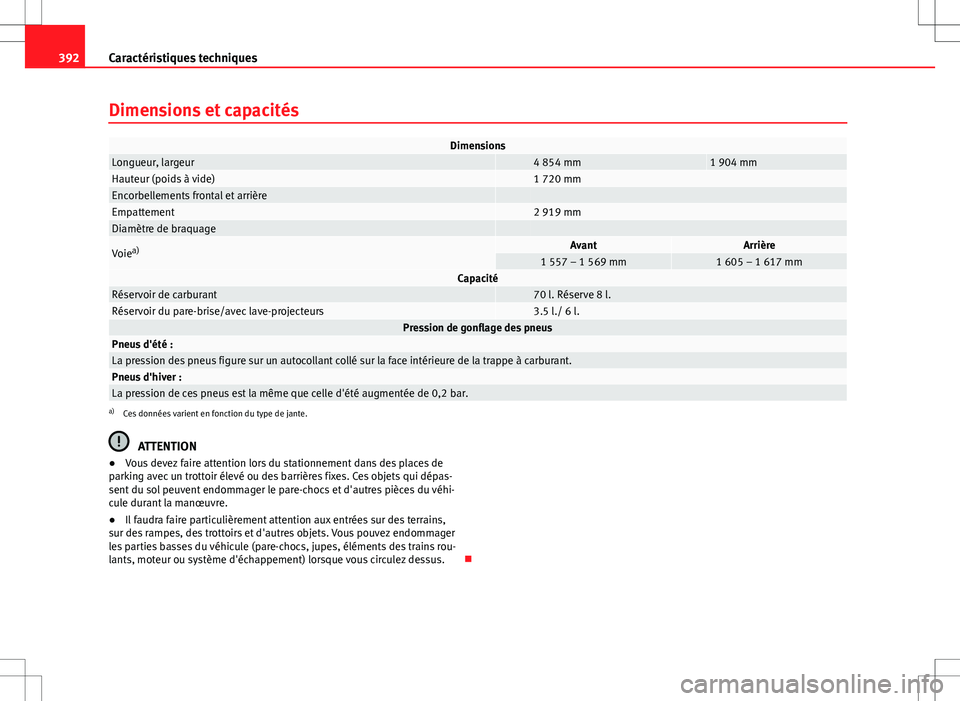Seat Alhambra 2013 Manuel du propriétaire (in French) 392Caractéristiques techniques
Dimensions et capacités
DimensionsLongueur, largeur 4 854 mm1 904 mmHauteur (poids à vide) 1 720 mmEncorbellements frontal et arrière Empattement 2 919 mmDiamètre Seat Alhambra 2013 Manuel du propriétaire (in French) 392Caractéristiques techniques
Dimensions et capacités
DimensionsLongueur, largeur 4 854 mm1 904 mmHauteur (poids à vide) 1 720 mmEncorbellements frontal et arrière Empattement 2 919 mmDiamètre