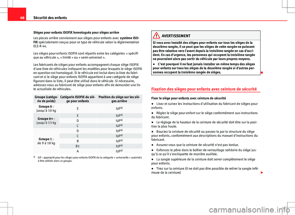 Seat Alhambra 2013  Manuel du propriétaire (in French)  48Sécurité des enfants
Sièges pour enfants ISOFIX homologués pour sièges arrière
Les places arrière conviennent aux sièges pour enfants avec  système ISO-
FIX spécialement conçus pour ce ty