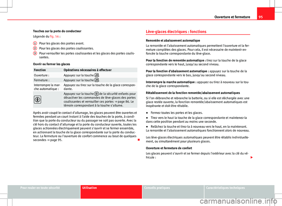 Seat Alhambra 2013 Manuel du propriétaire (in French) 95
Ouverture et fermeture
Touches sur la porte du conducteur
Légende du fig. 56 : Pour les glaces des portes avant.
Pour les glaces des portes coulissantes.
Pour verrouiller les portes coulissantes e Seat Alhambra 2013 Manuel du propriétaire (in French) 95
Ouverture et fermeture
Touches sur la porte du conducteur
Légende du fig. 56 : Pour les glaces des portes avant.
Pour les glaces des portes coulissantes.
Pour verrouiller les portes coulissantes e