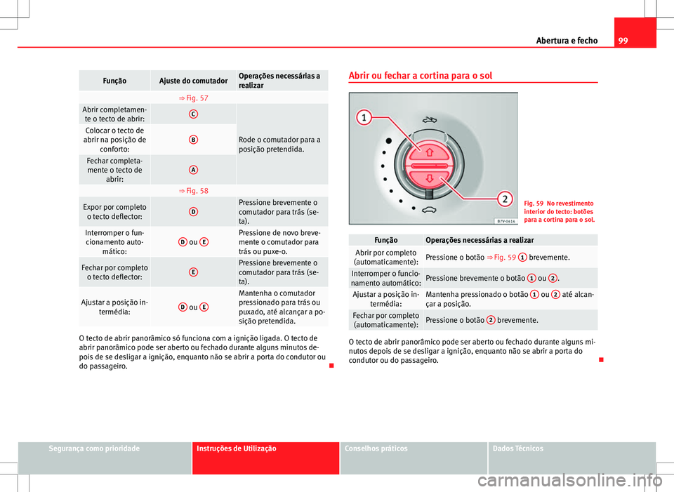 Seat Alhambra 2013 Manual do proprietário (in Portuguese) 99
Abertura e fecho
FunçãoAjuste do comutadorOperações necessárias a
realizar
⇒ Fig. 57 Abrir completamen-
te o tecto de abrir:C
Rode o comutador para a
posição pretendida.Colocar o tecto Seat Alhambra 2013 Manual do proprietário (in Portuguese) 99
Abertura e fecho
FunçãoAjuste do comutadorOperações necessárias a
realizar
⇒ Fig. 57 Abrir completamen-
te o tecto de abrir:C
Rode o comutador para a
posição pretendida.Colocar o tecto