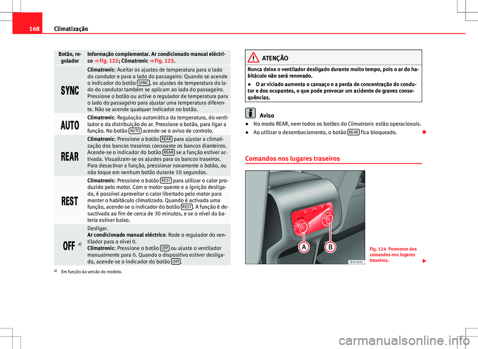 Seat Alhambra 2013 Manual do proprietário (in Portuguese) 168Climatização
Botão, re-
guladorInformação complementar. Ar condicionado manual eléctri-
co ⇒ Fig. 122; Climatronic ⇒ Fig. 123.
Climatronic: Aceitar os ajustes de tempera Seat Alhambra 2013 Manual do proprietário (in Portuguese) 168Climatização
Botão, re-
guladorInformação complementar. Ar condicionado manual eléctri-
co ⇒ Fig. 122; Climatronic ⇒ Fig. 123.
Climatronic: Aceitar os ajustes de tempera