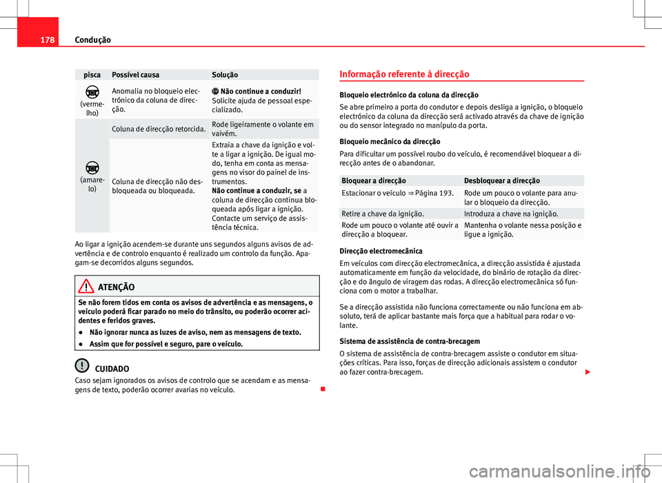 Seat Alhambra 2013 Manual do proprietário (in Portuguese) 178Condução
piscaPossível causaSolução
(verme-
lho)Anomalia no bloqueio elec-
trónico da coluna de direc-
ção. Não continue a conduzir!
Solicite ajuda de pessoal espe-
cializado.
Seat Alhambra 2013 Manual do proprietário (in Portuguese) 178Condução
piscaPossível causaSolução
(verme-
lho)Anomalia no bloqueio elec-
trónico da coluna de direc-
ção. Não continue a conduzir!
Solicite ajuda de pessoal espe-
cializado.
